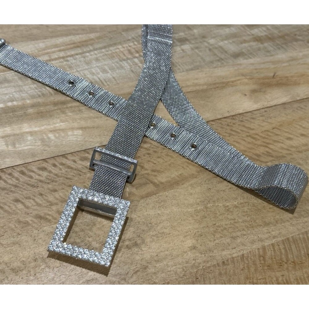 Vintage Mesh Belt Silver Tone Rhinestone Buckle Size Small- Medium Belt